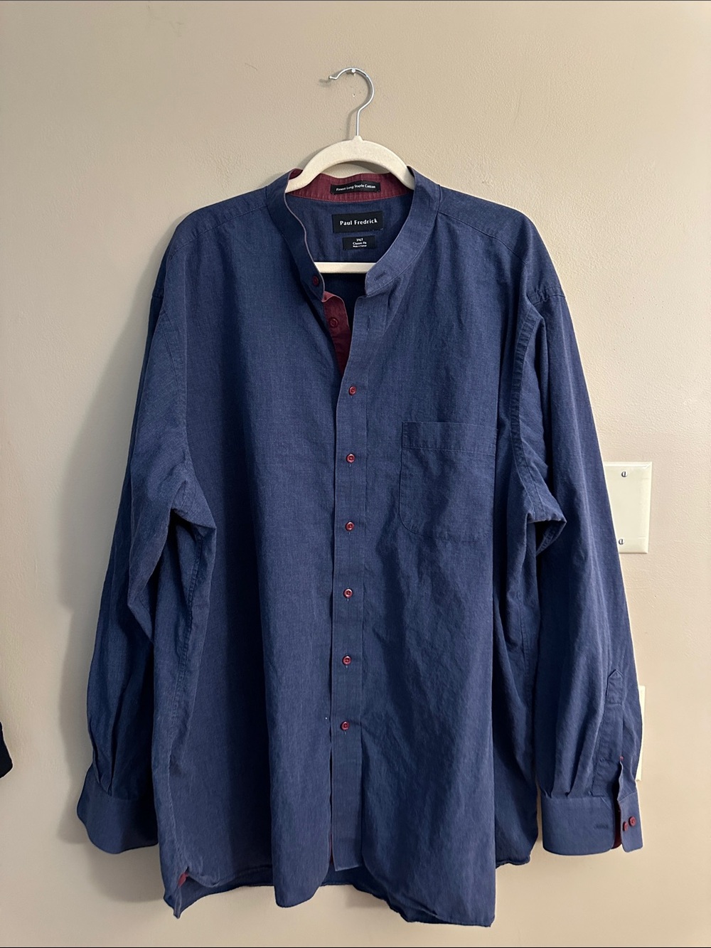 Paul Fredrick Navy Long-Sleeve Mandarin-Collar Shirt with Maroon Accents